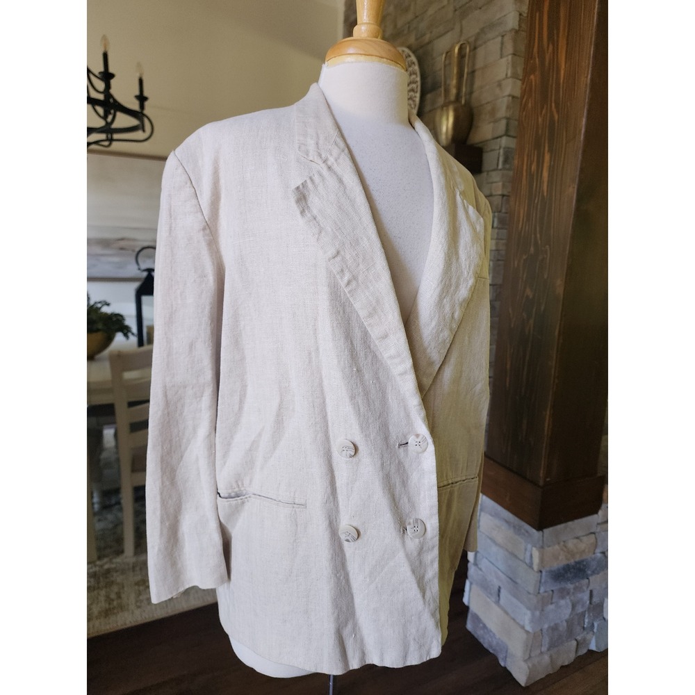 International‎ Scene Vintage 90s Beige Linen Double Breasted Blazer Jacket Lined